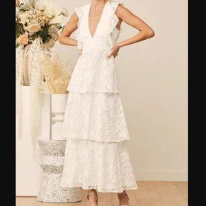 Molinetto White Lace Ruffled Tiered Sleeveless Max